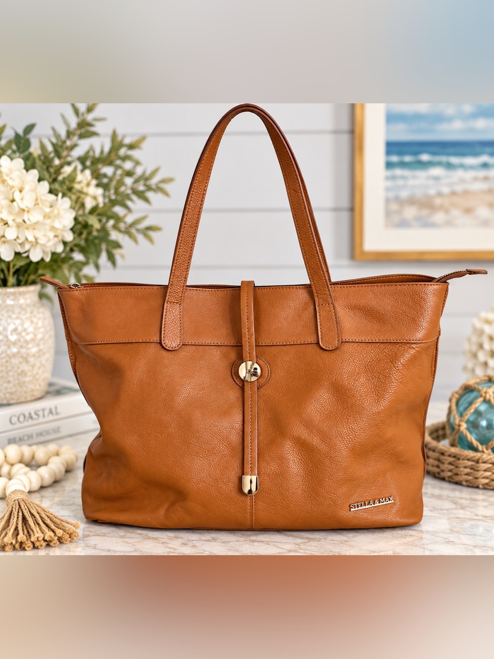 Stella & Max Genuine Leather Cognac Tote